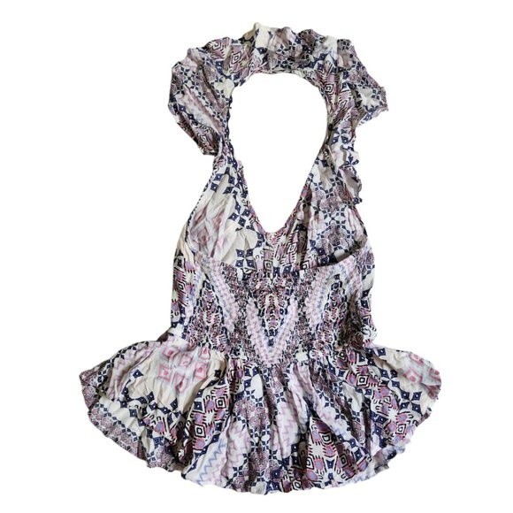 Express Pink Blue White Multicolor Geometric Print Ruffle Neck Halter Top XS - Picture 2 of 10